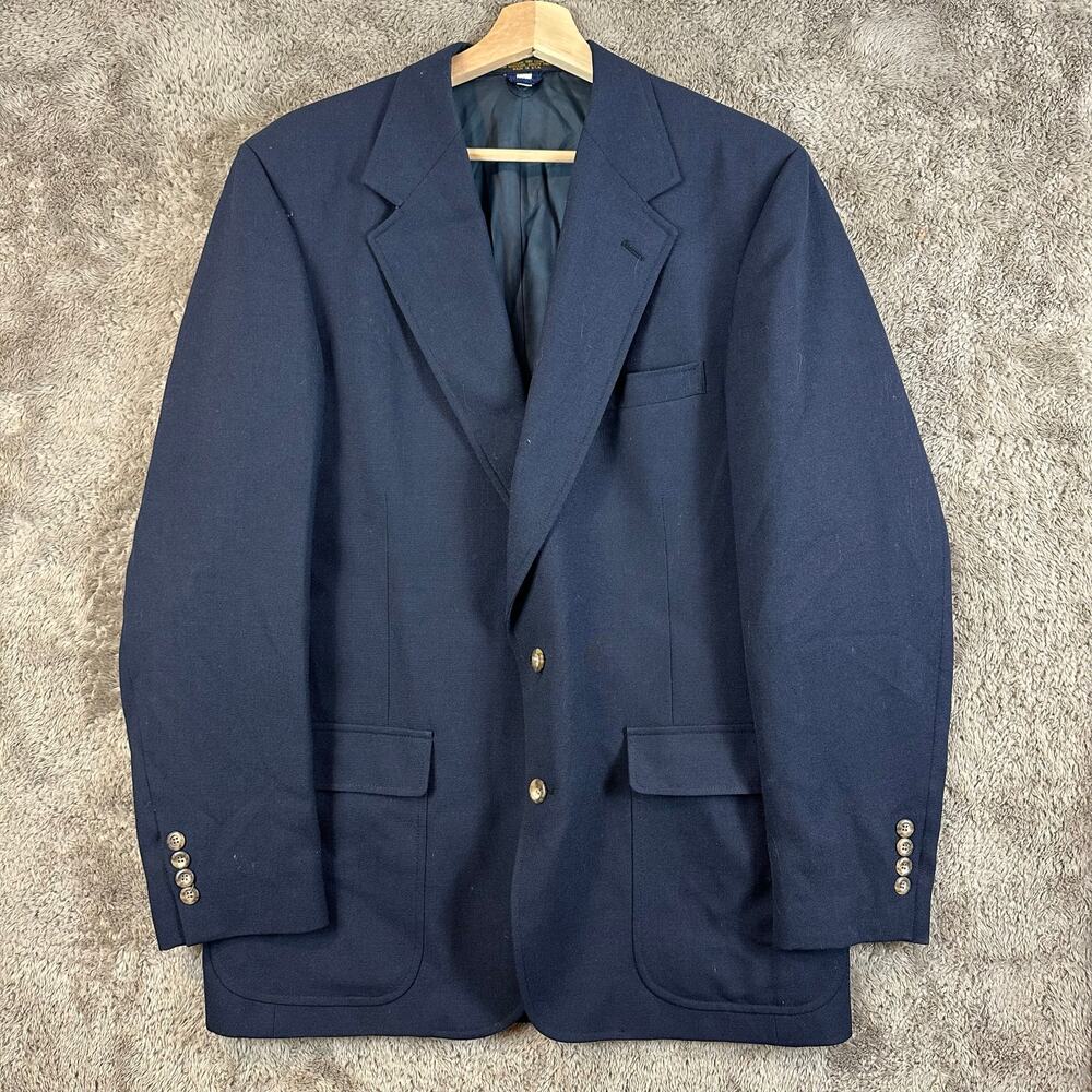 LL Bean Navy Blue Wool Blazer Sport Coat Jacket Gold Tone Buttons 42L 42 Long